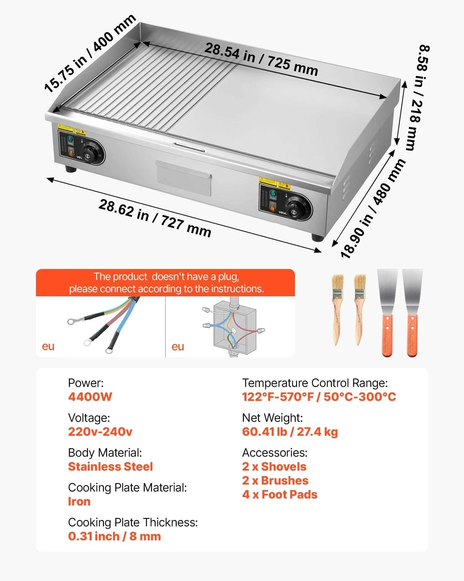 Commercial Electric Griddle 3200W Flat Top Grill with Temp Control-28.5inch Half flat / United States