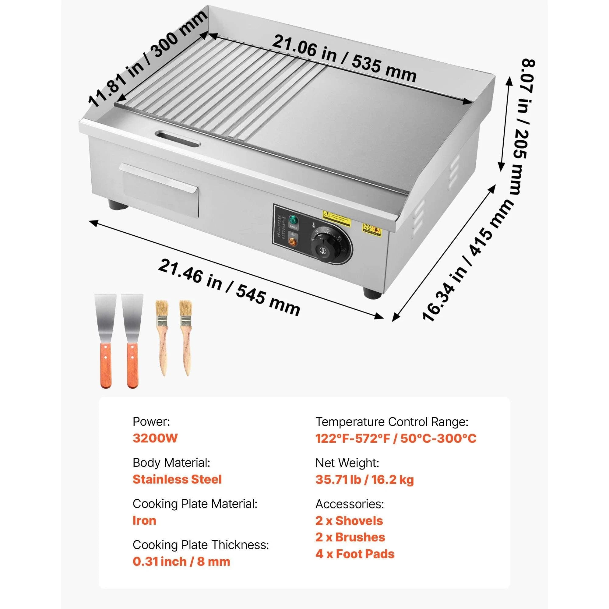 Commercial Electric Griddle 3200W Flat Top Grill with Temp Control-28.5inch Half flat / United States
