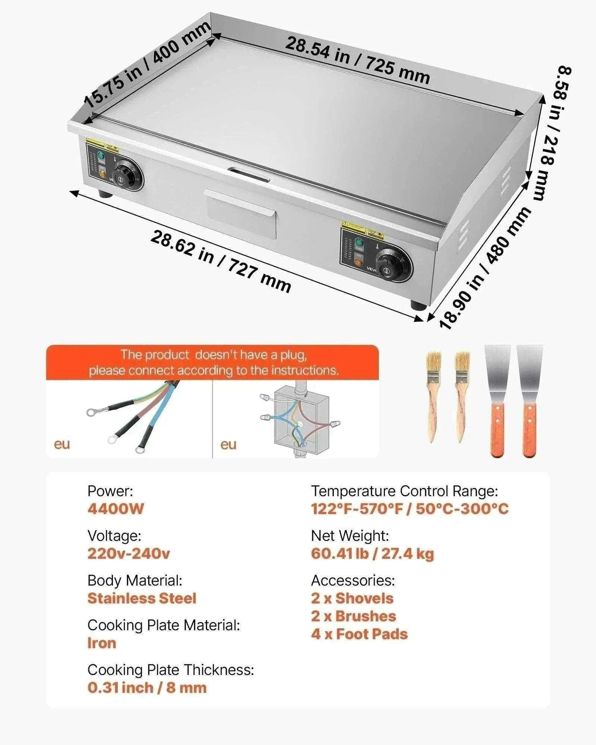 Commercial Electric Griddle 3200W Flat Top Grill with Temp Control-28.5inch Half flat / United States