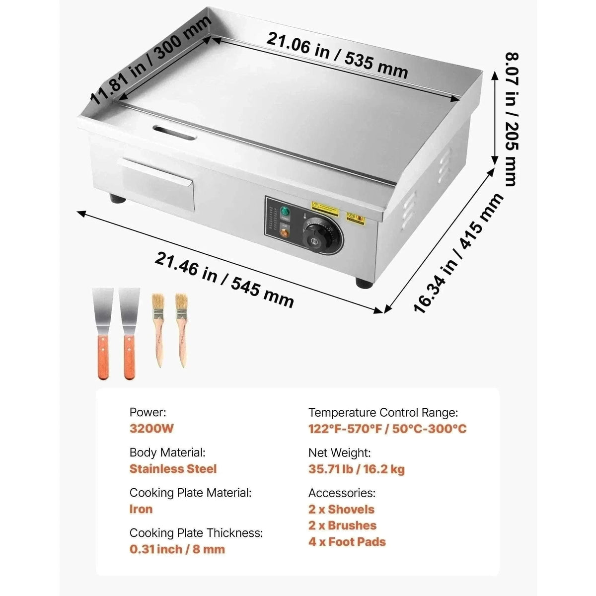 Commercial Electric Griddle 3200W Flat Top Grill with Temp Control-28.5inch Half flat / United States