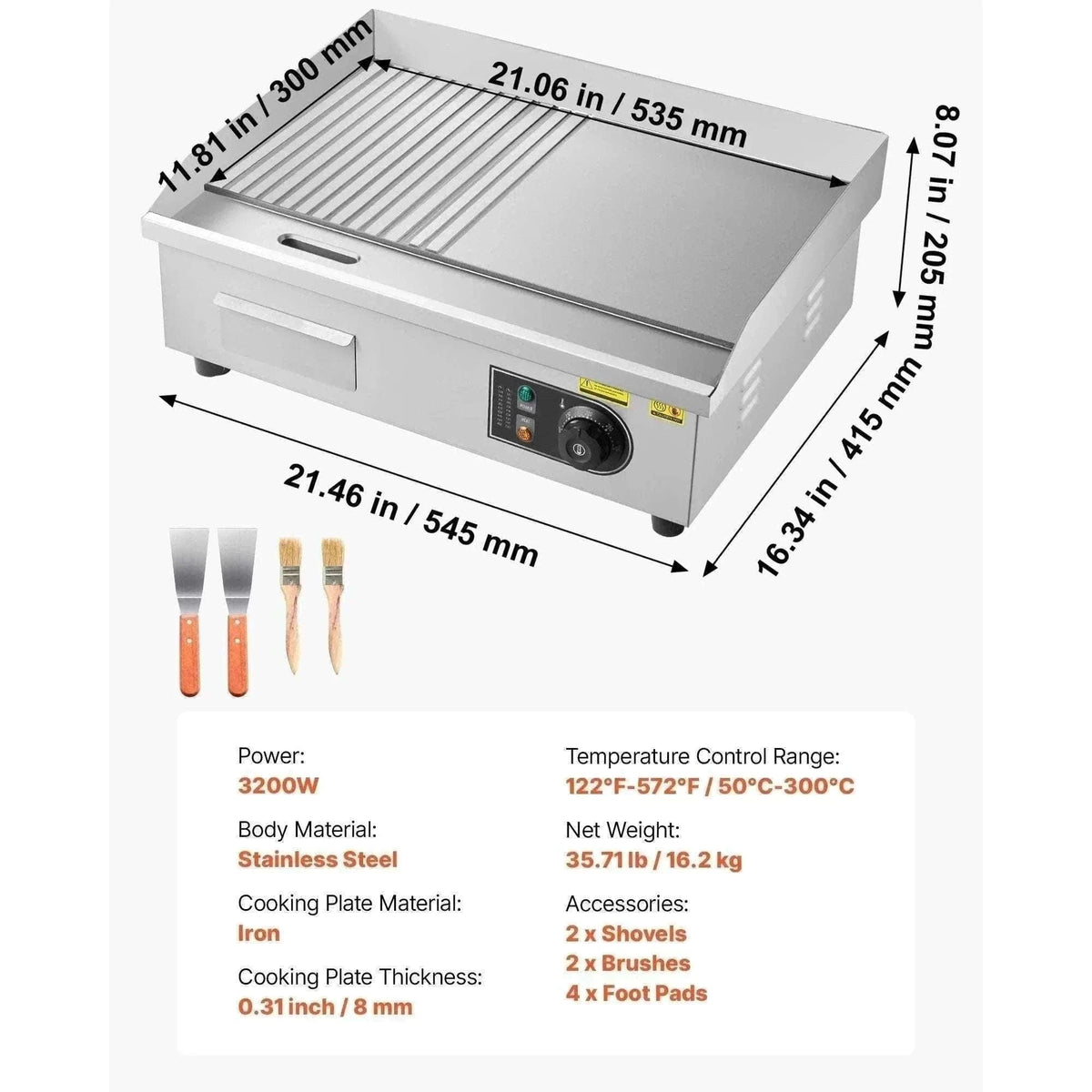 Commercial Electric Griddle 3200W Flat Top Grill with Temp Control-28.5inch Half flat / United States