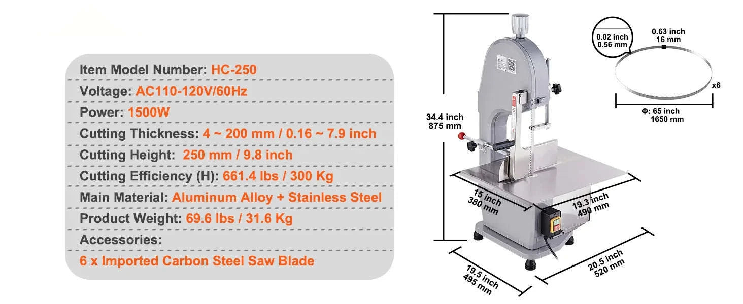 Commercial Electric Meat Bandsaw Stainless Steel Countertop Bone Sawing Machine with 6 Blades-1500W / United States