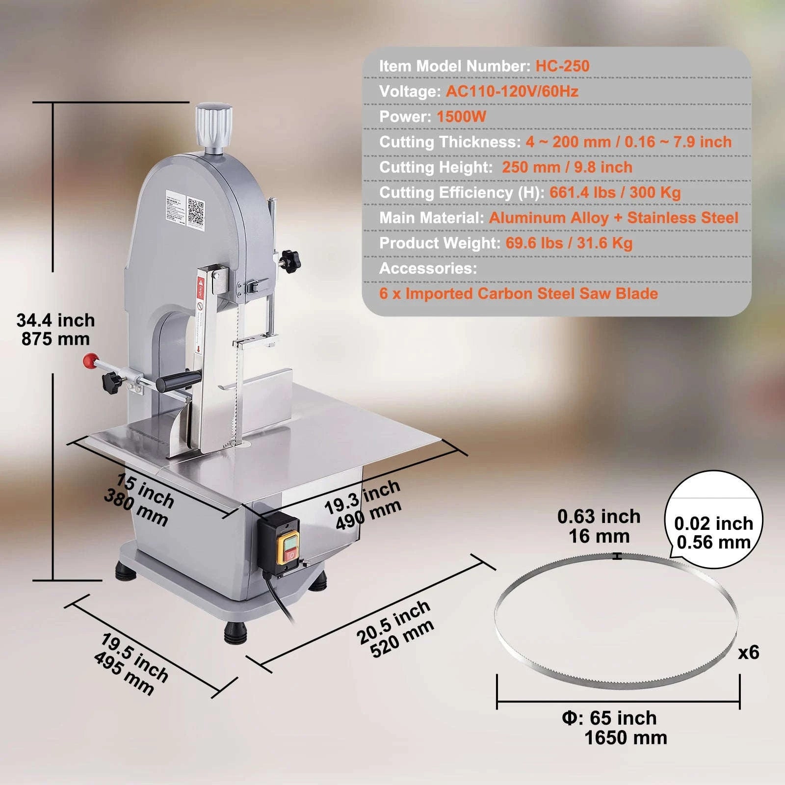 Commercial Electric Meat Bandsaw Stainless Steel Countertop Bone Sawing Machine with 6 Blades-1500W / United States