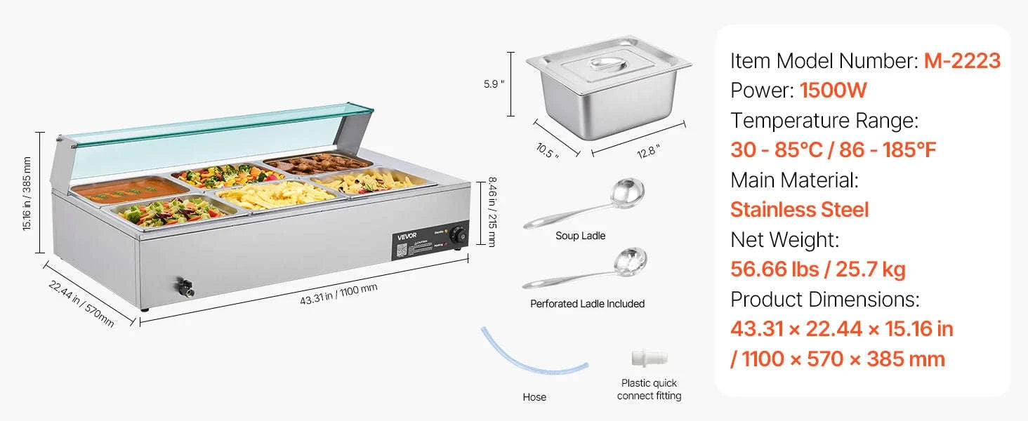 Commercial Electric Stainless Steel Steam Food Warmer with Glass Cover 3-Pan Countertop Buffet Bain Marie-8 pans / Germany