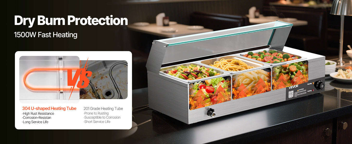 Commercial Electric Stainless Steel Steam Food Warmer with Glass Cover 3-Pan Countertop Buffet Bain Marie-8 pans / Germany