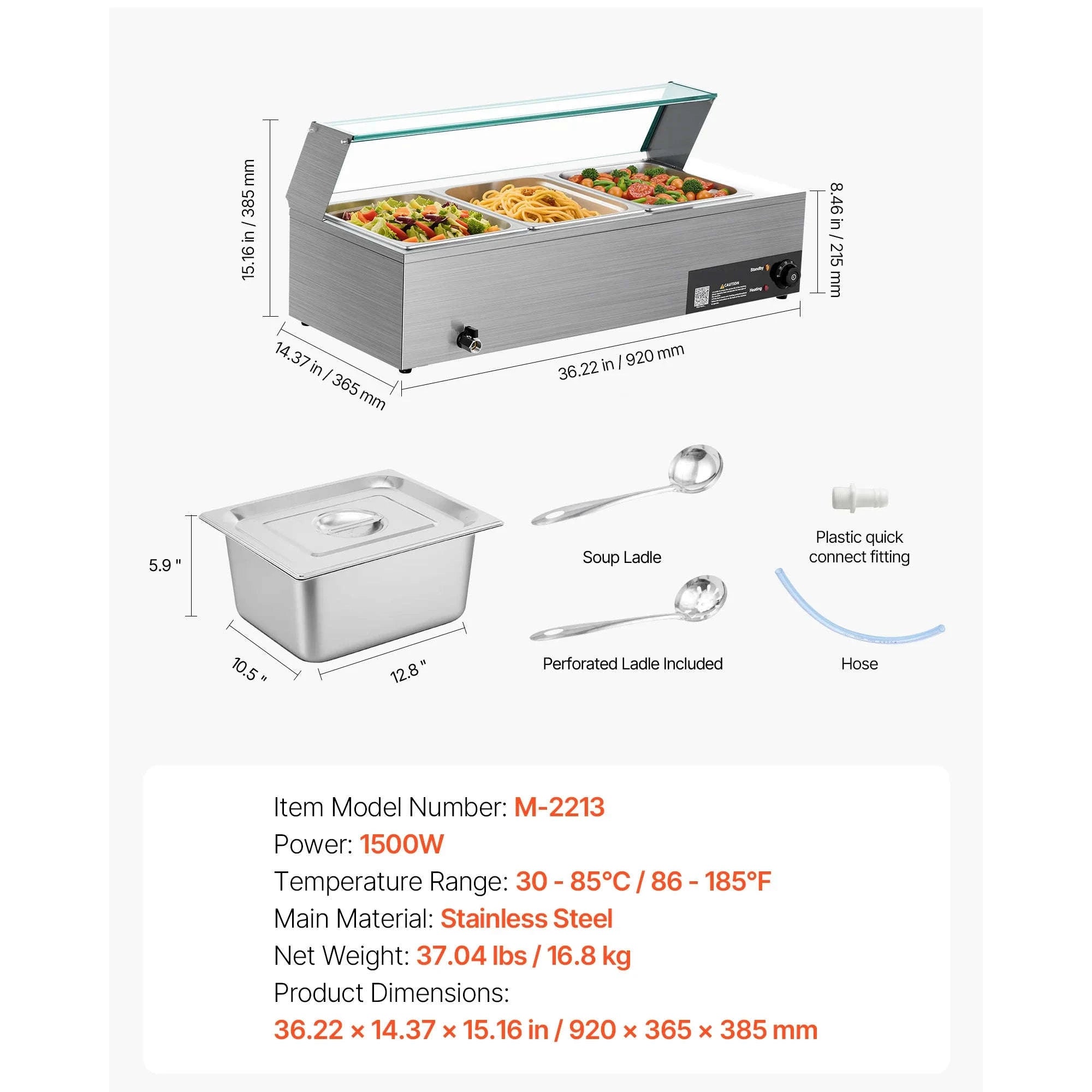 Commercial Electric Stainless Steel Steam Food Warmer with Glass Cover 3-Pan Countertop Buffet Bain Marie-8 pans / Germany