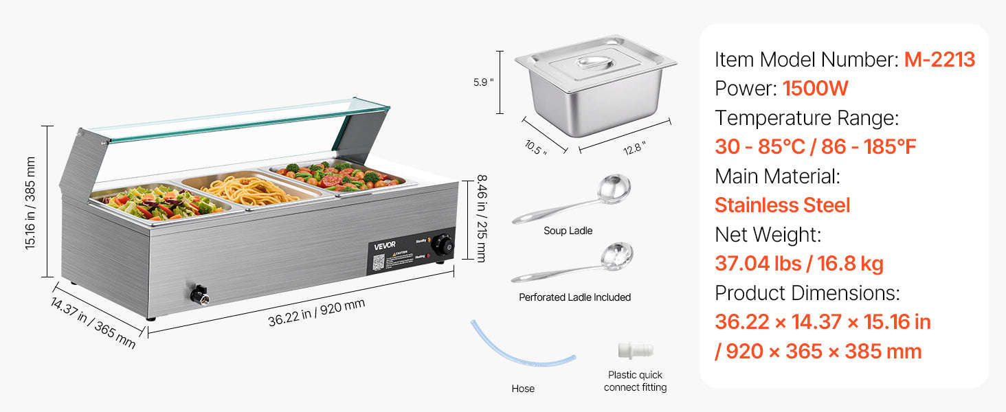Commercial Electric Stainless Steel Steam Food Warmer with Glass Cover 3-Pan Countertop Buffet Bain Marie-8 pans / Germany