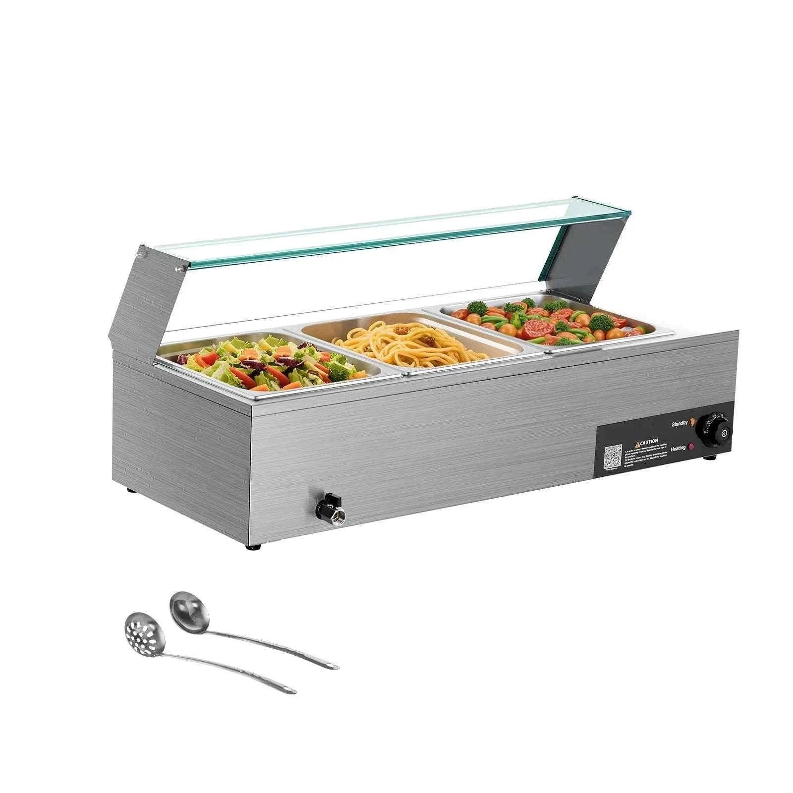 Commercial Electric Stainless Steel Steam Food Warmer with Glass Cover 3-Pan Countertop Buffet Bain Marie-8 pans / Germany