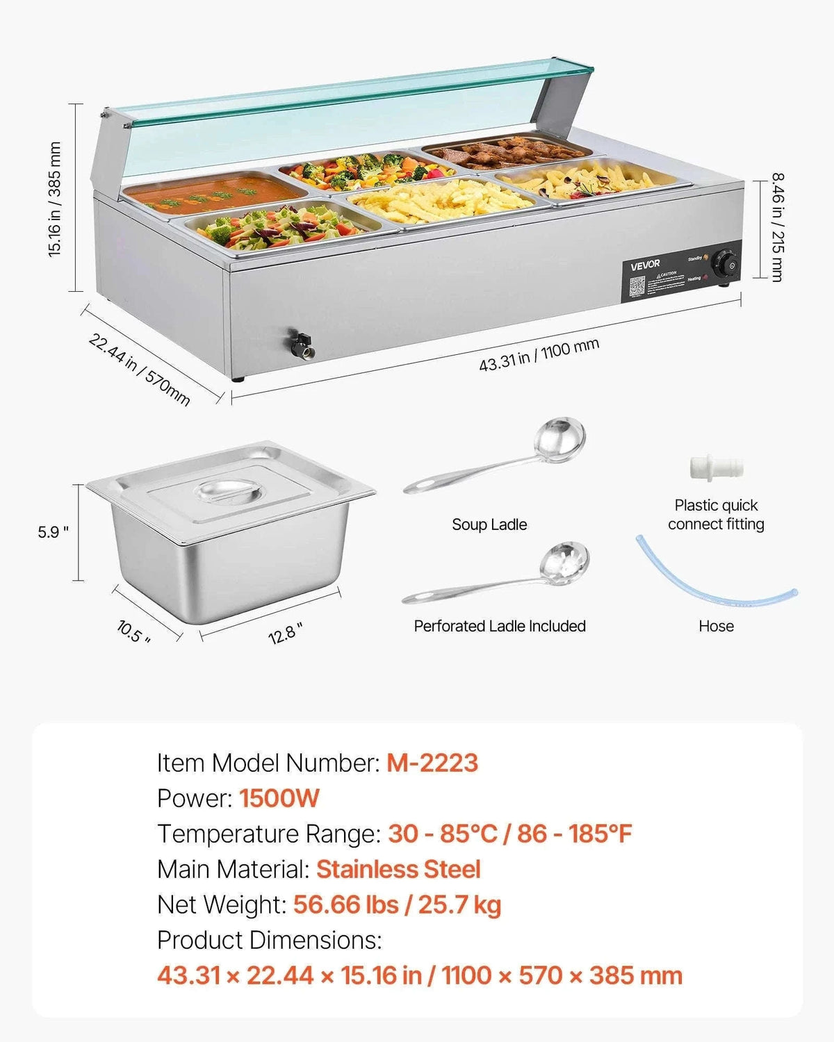 Commercial Electric Stainless Steel Steam Food Warmer with Glass Cover 3-Pan Countertop Buffet Bain Marie-8 pans / Germany