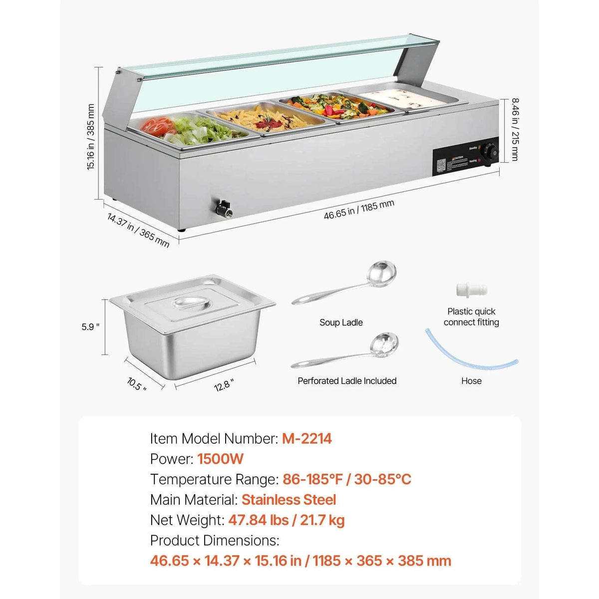 Commercial Electric Stainless Steel Steam Food Warmer with Glass Cover 3-Pan Countertop Buffet Bain Marie-8 pans / Germany