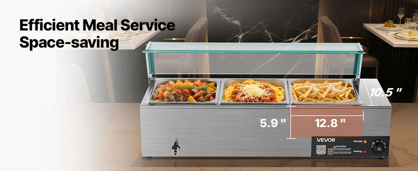 Commercial Electric Stainless Steel Steam Food Warmer with Glass Cover 3-Pan Countertop Buffet Bain Marie-8 pans / Germany