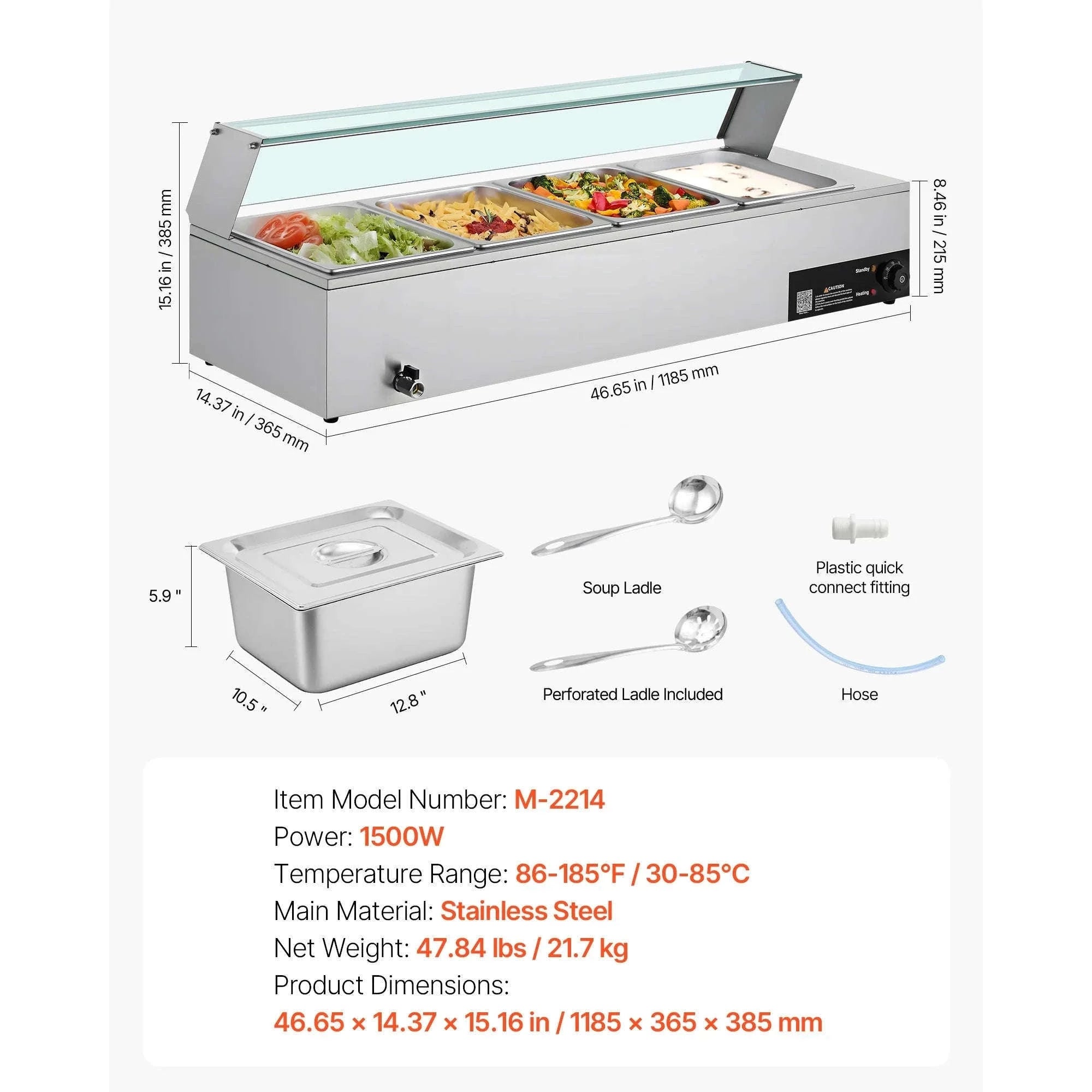 Commercial Electric Stainless Steel Steam Food Warmer with Glass Cover 3-Pan Countertop Buffet Bain Marie-8 pans / Germany