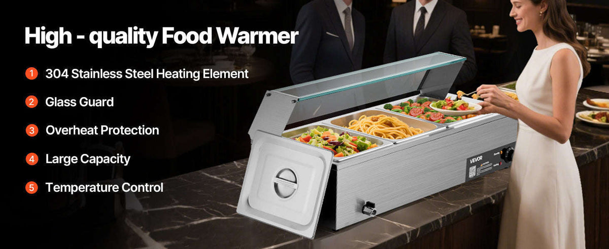 Commercial Electric Stainless Steel Steam Food Warmer with Glass Cover 3-Pan Countertop Buffet Bain Marie-8 pans / Germany