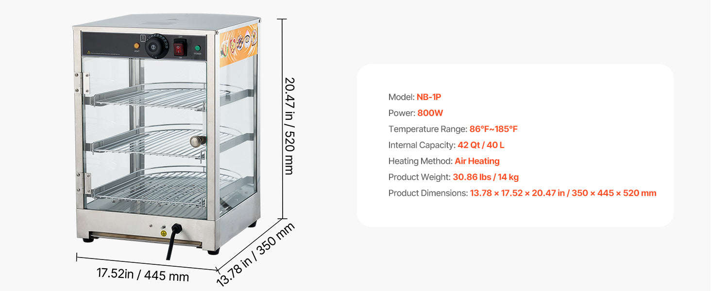 Commercial Food Warmer Display 800W with LED Light and Adjustable Stainless Steel Shelf-3 Tier 14 in / United States