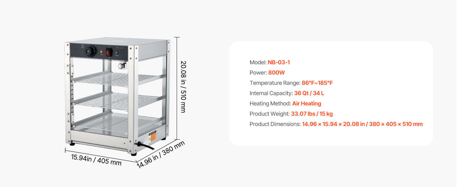 Commercial Food Warmer Display 800W with LED Light and Adjustable Stainless Steel Shelf-3 Tier 14 in / United States
