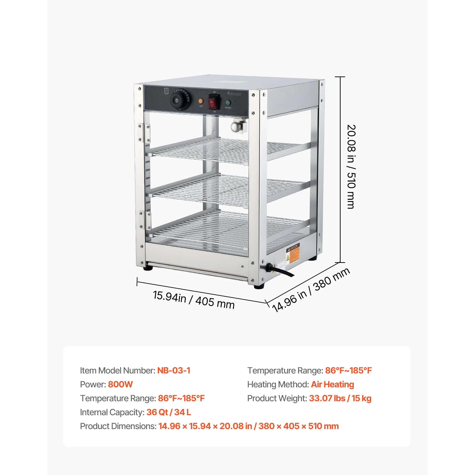 Commercial Food Warmer Display 800W with LED Light and Adjustable Stainless Steel Shelf-3 Tier 14 in / United States