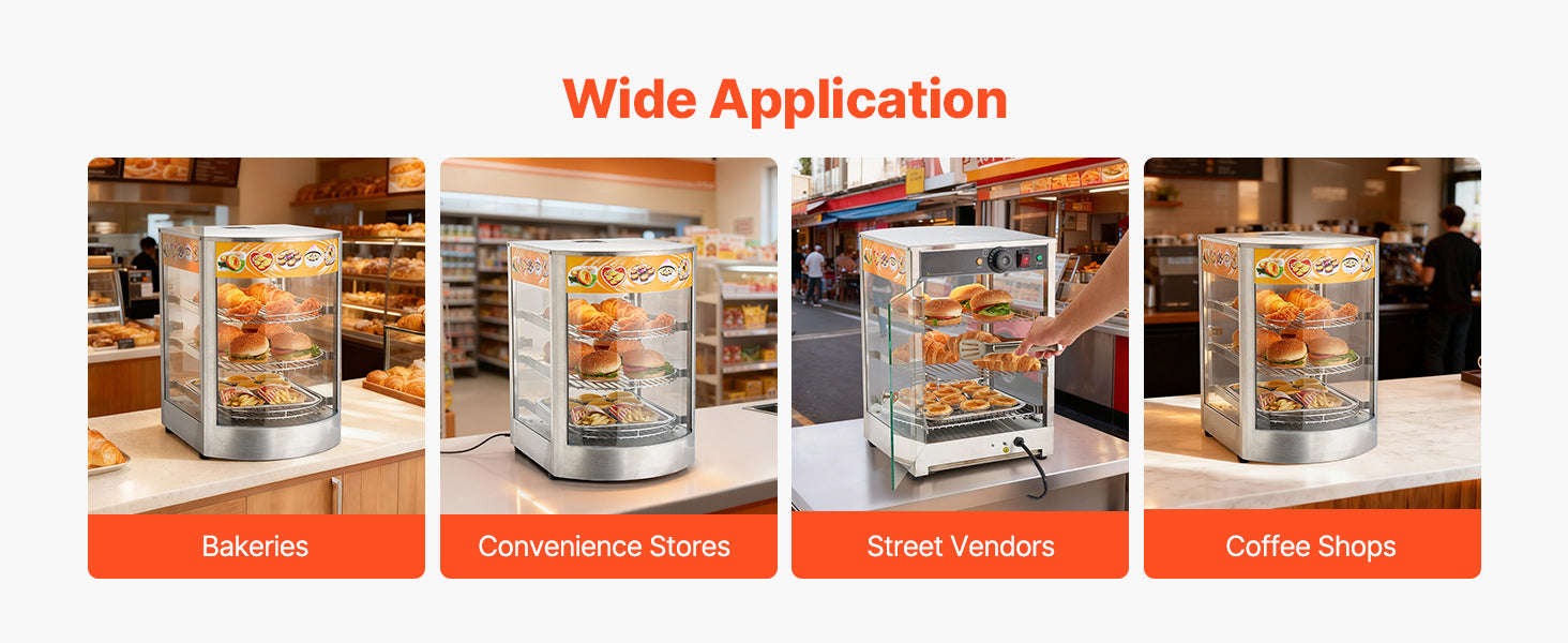 Commercial Food Warmer Display 800W with LED Light and Adjustable Stainless Steel Shelf-3 Tier 14 in / United States