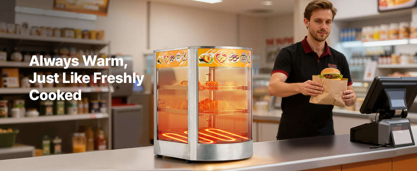 Commercial Food Warmer Display 800W with LED Light and Adjustable Stainless Steel Shelf-3 Tier 14 in / United States