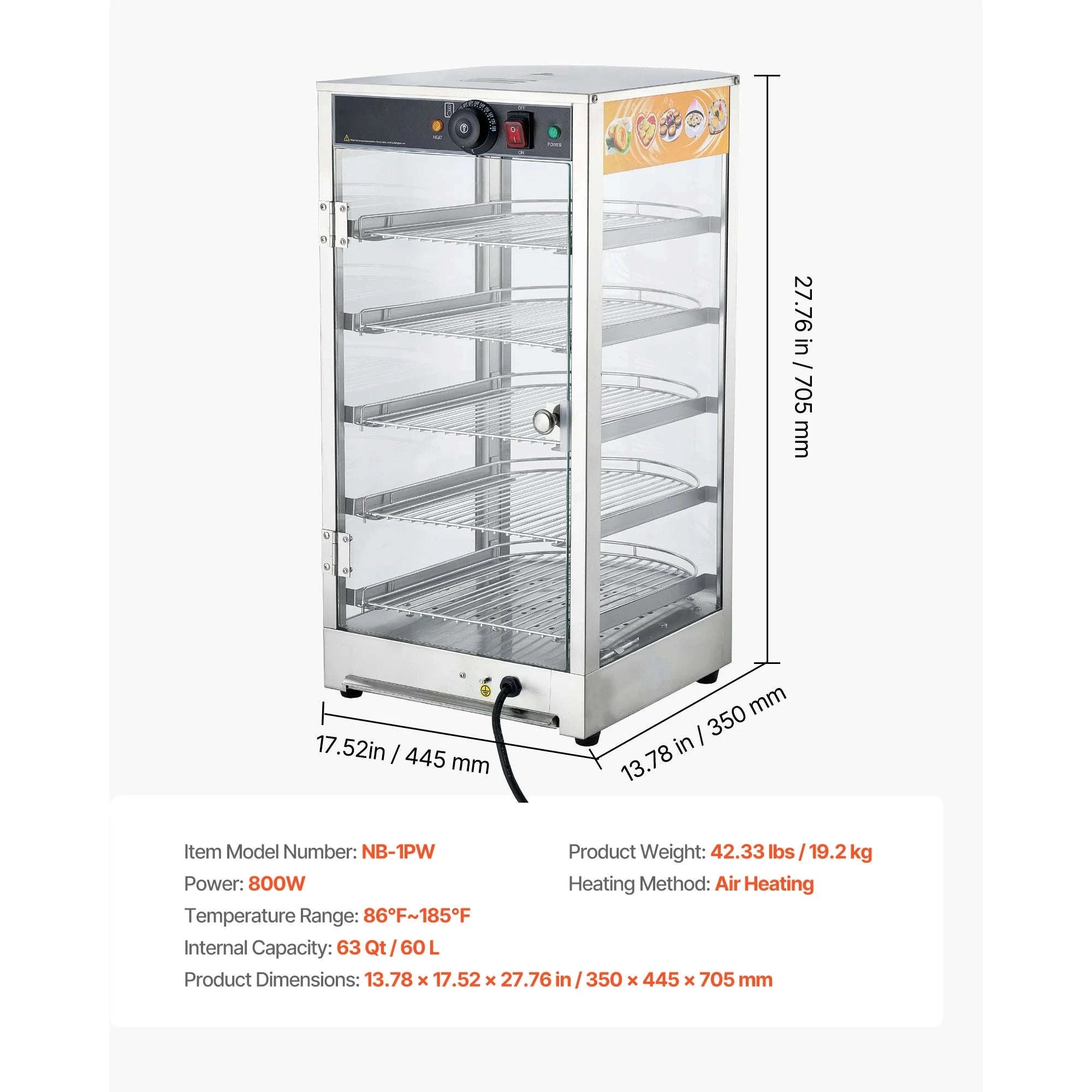 Commercial Food Warmer Display 800W with LED Light and Adjustable Stainless Steel Shelf-3 Tier 14 in / United States