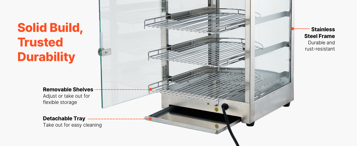 Commercial Food Warmer Display 800W with LED Light and Adjustable Stainless Steel Shelf