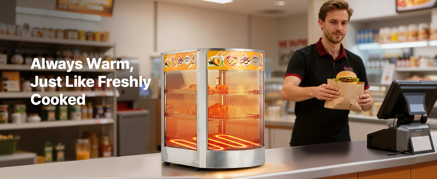 Commercial Food Warmer Display 800W with LED Light and Adjustable Stainless Steel Shelf