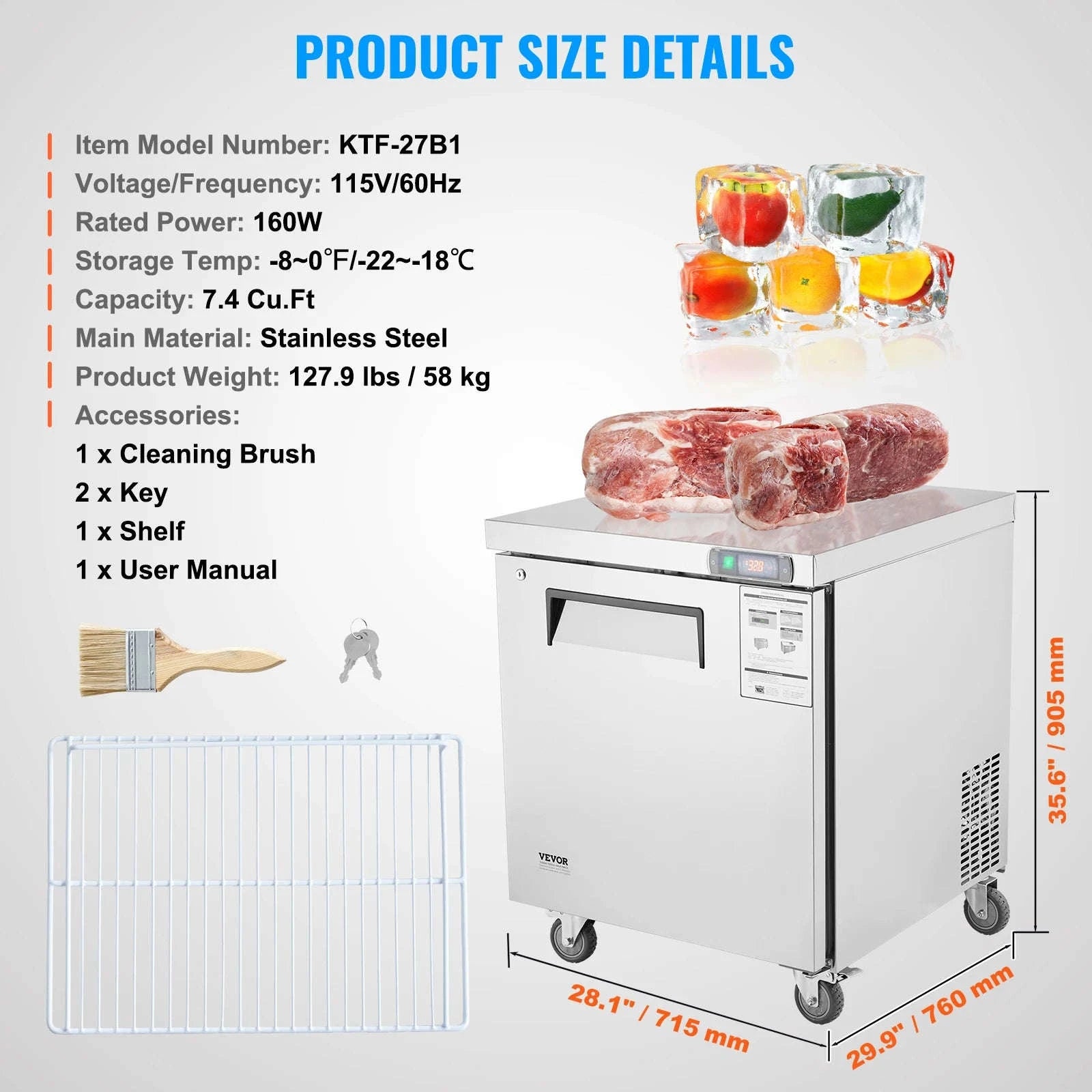 Commercial Frozen Prep Table 7.4 Cu. Ft Stainless Steel-7.4 Cu.Ft 28 inch / United States