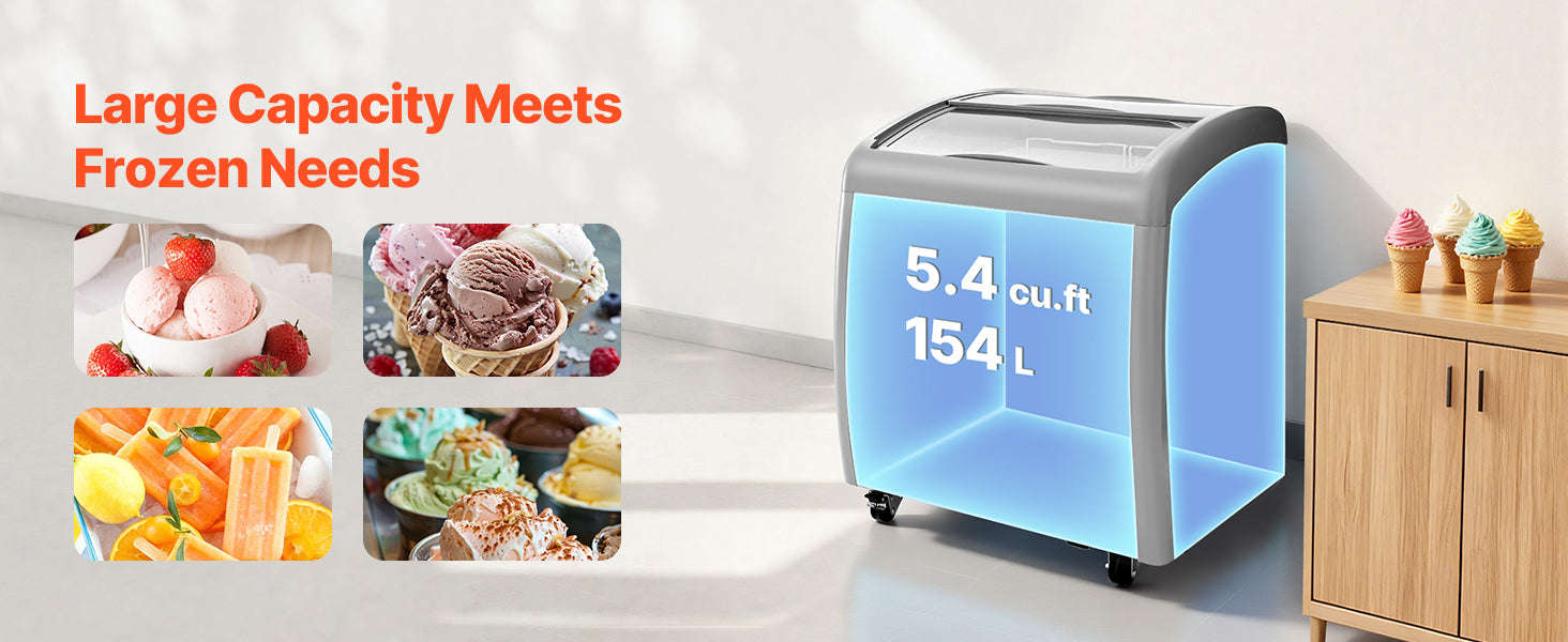 Commercial Ice Cream Display Case with Glass Doors, Casters and LED-5.4cubic feet / United States