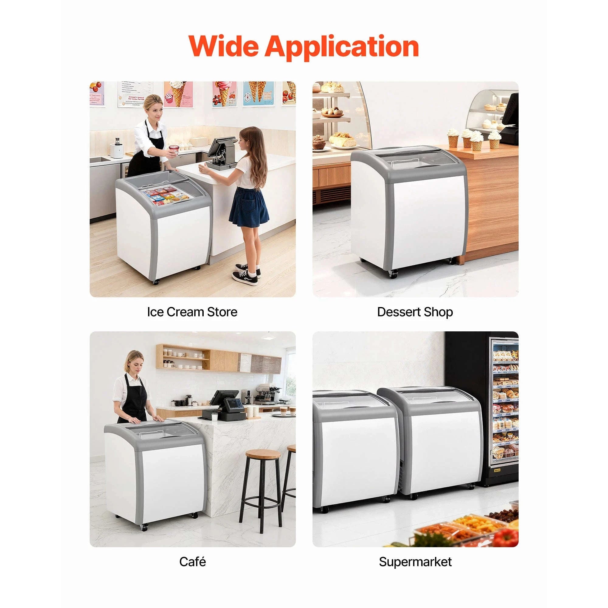 Commercial Ice Cream Display Case with Glass Doors, Casters and LED-5.4cubic feet / United States