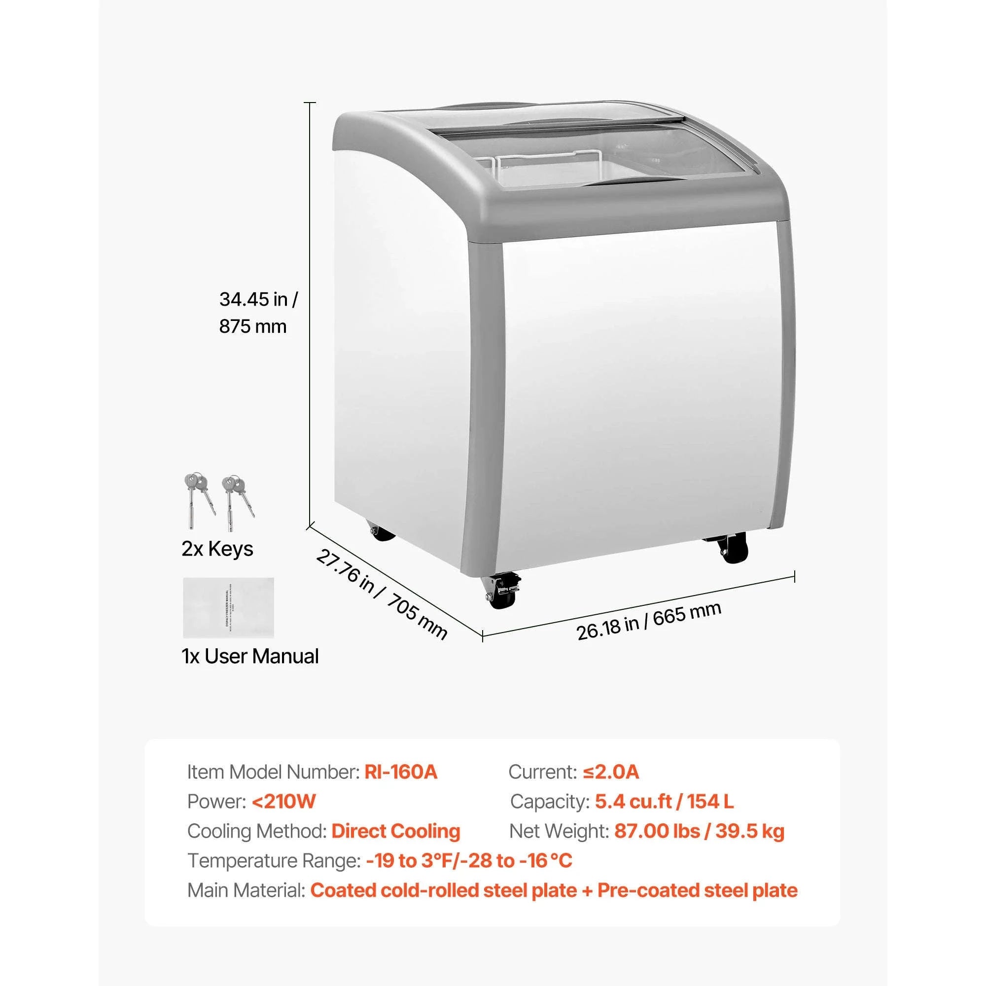 Commercial Ice Cream Display Case with Glass Doors, Casters and LED-5.4cubic feet / United States