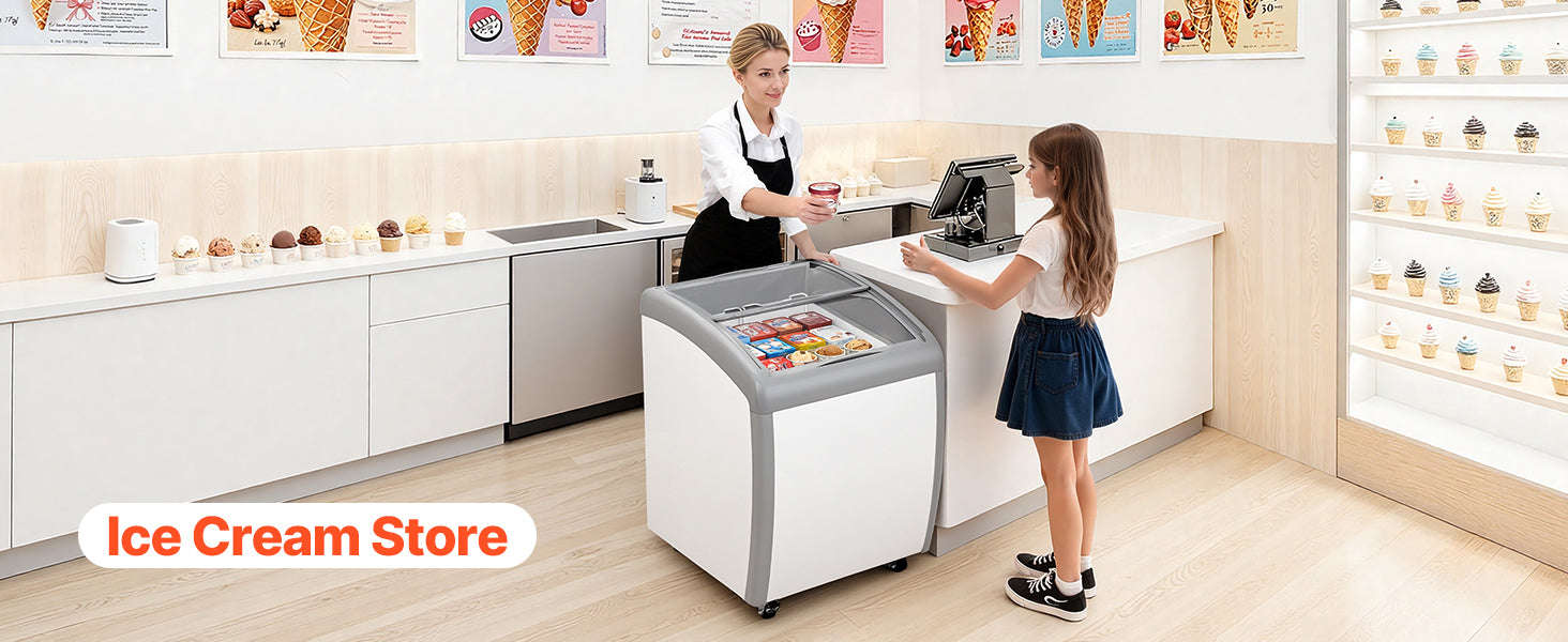 Commercial Ice Cream Display Case with Glass Doors, Casters and LED-5.4cubic feet / United States