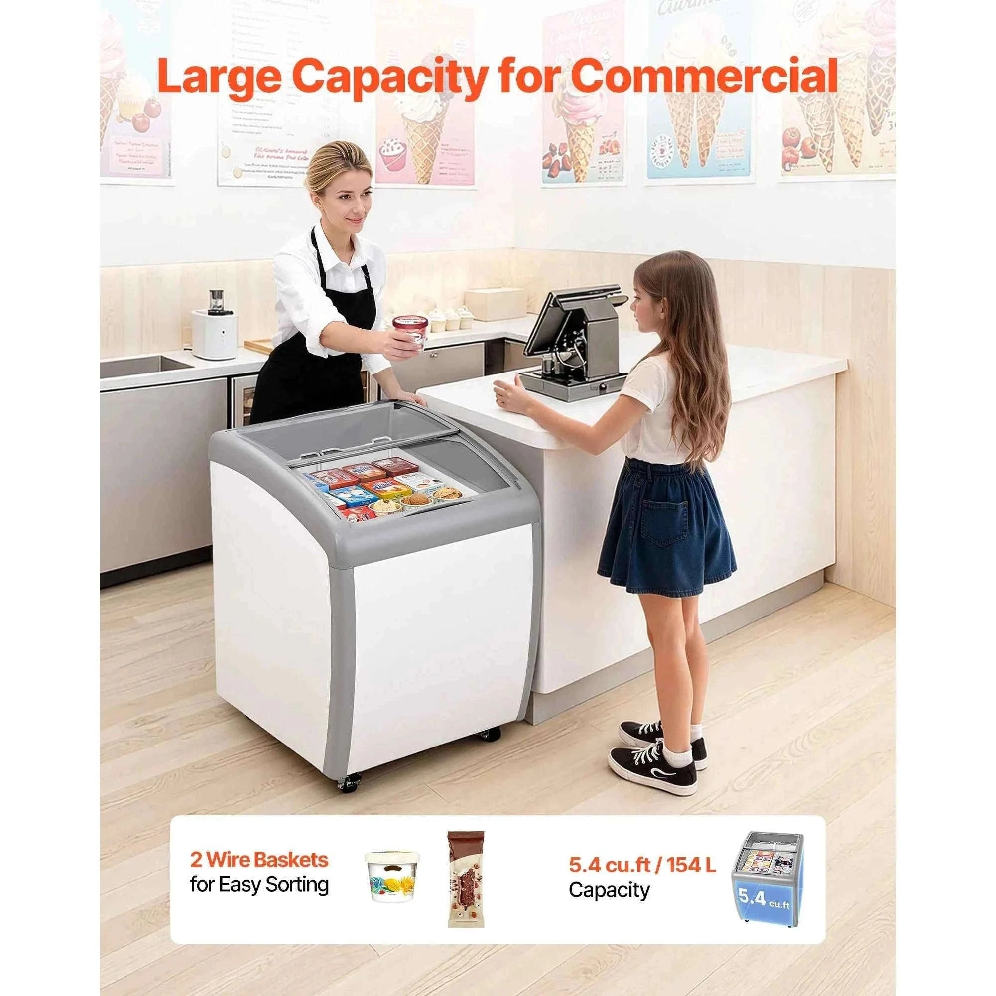 Commercial Ice Cream Display Case with Glass Doors, Casters and LED-5.4cubic feet / United States