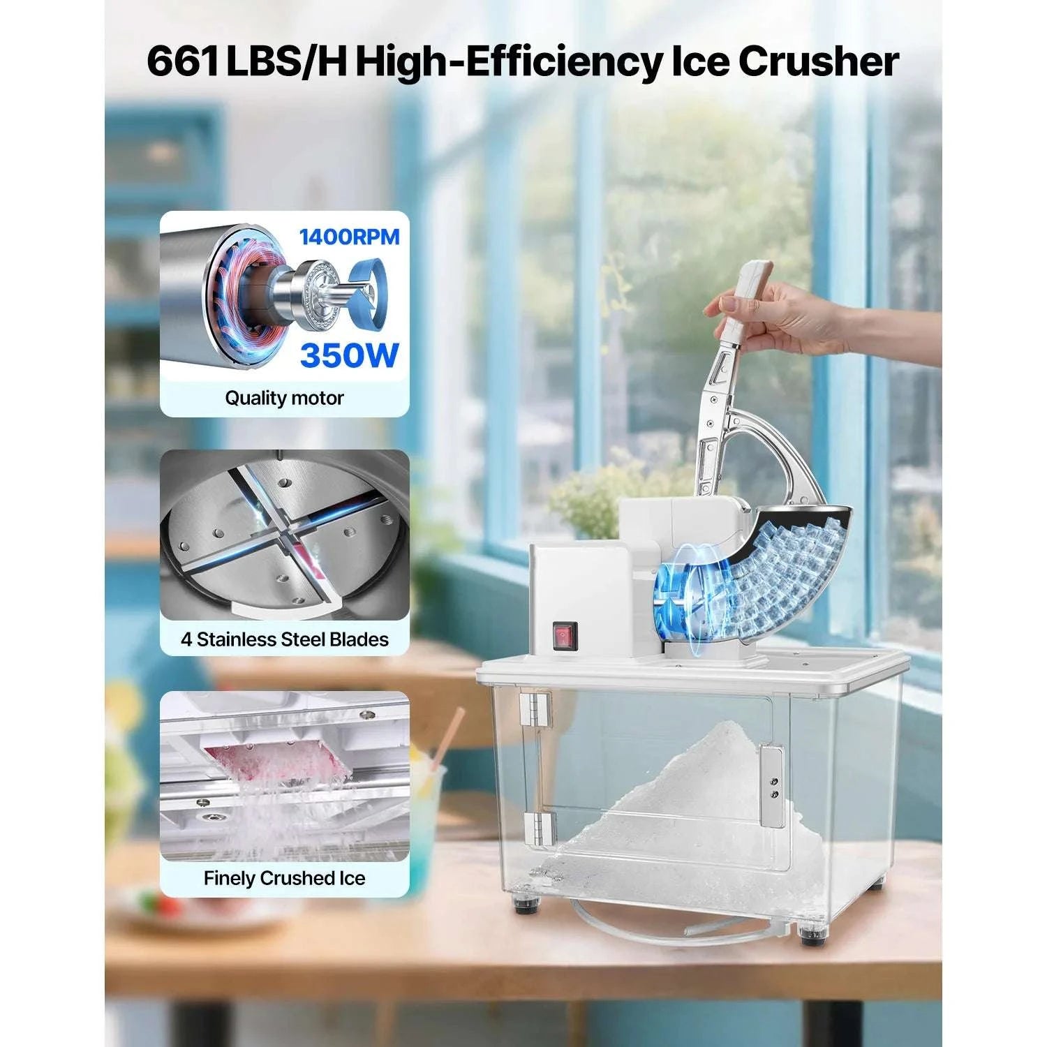 Commercial Ice Crusher 661 lbs/h Electric Snow Cone Machine 350W-Blue / United States