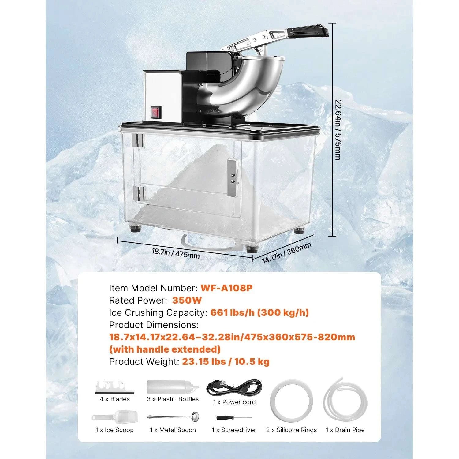 Commercial Ice Crusher 661 lbs/h Electric Snow Cone Machine 350W-Blue / United States