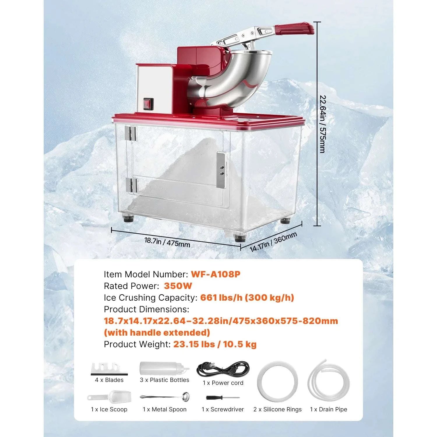 Commercial Ice Crusher 661 lbs/h Electric Snow Cone Machine 350W-Blue / United States
