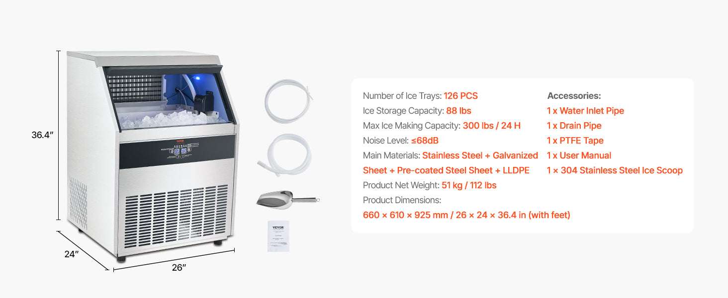 Commercial Ice Maker 300lbs/Day with 88lb Storage & Self-Clean-United States
