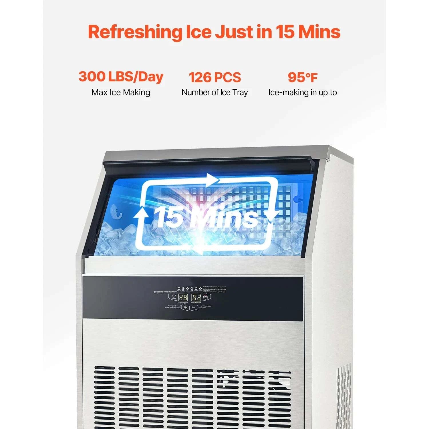 Commercial Ice Maker 300lbs/Day with 88lb Storage & Self-Clean-United States
