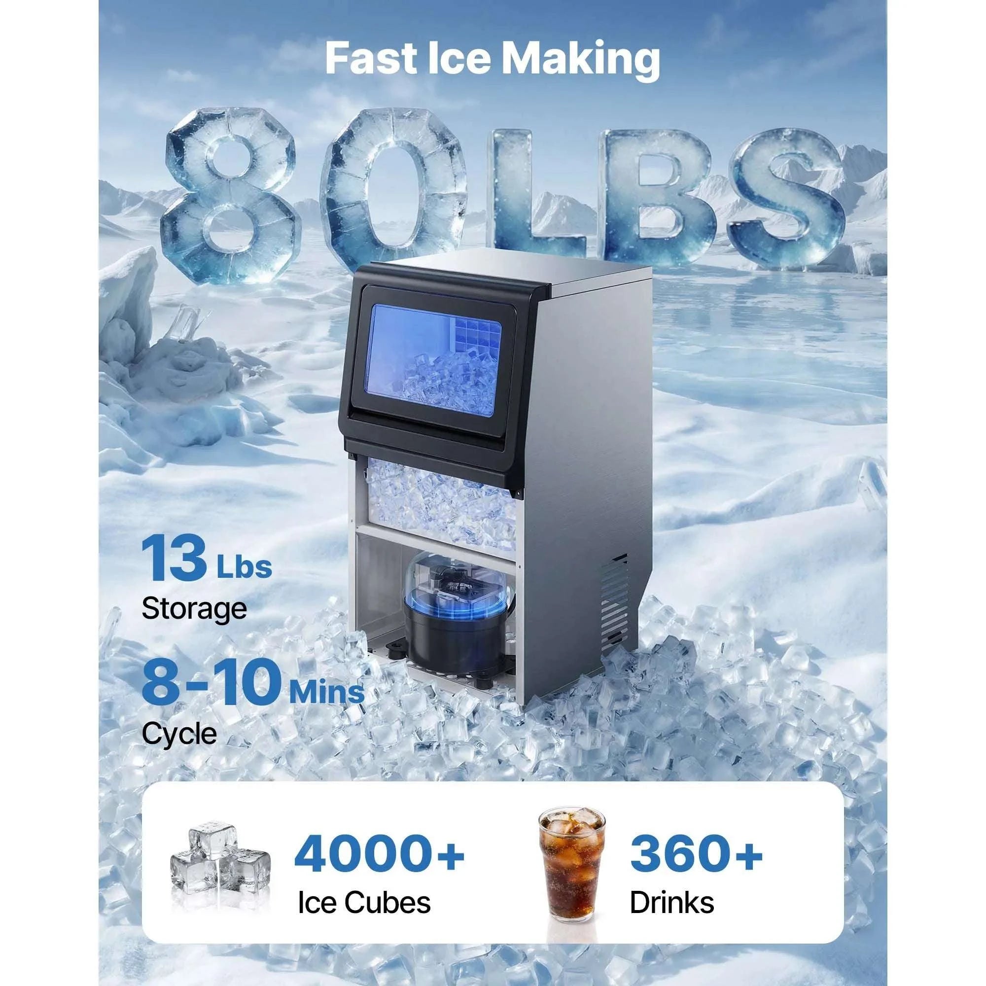 Commercial Ice Maker 80lbs/24h with LED Display & Self-Cleaning-130lbs per 24H / United States