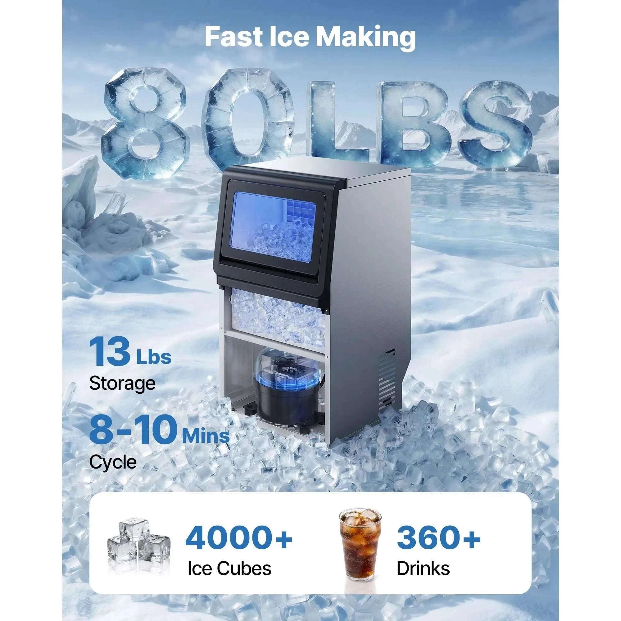 Commercial Ice Maker 80lbs/24h with LED Display & Self-Cleaning-130lbs per 24H / United States