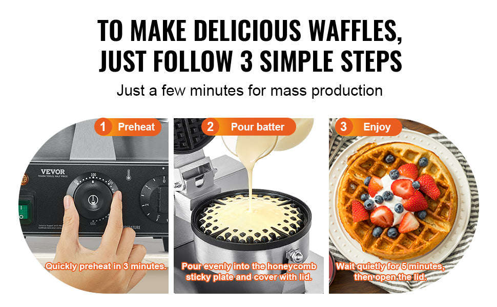 Commercial Round Waffle Maker Non-Stick Stainless Steel-france