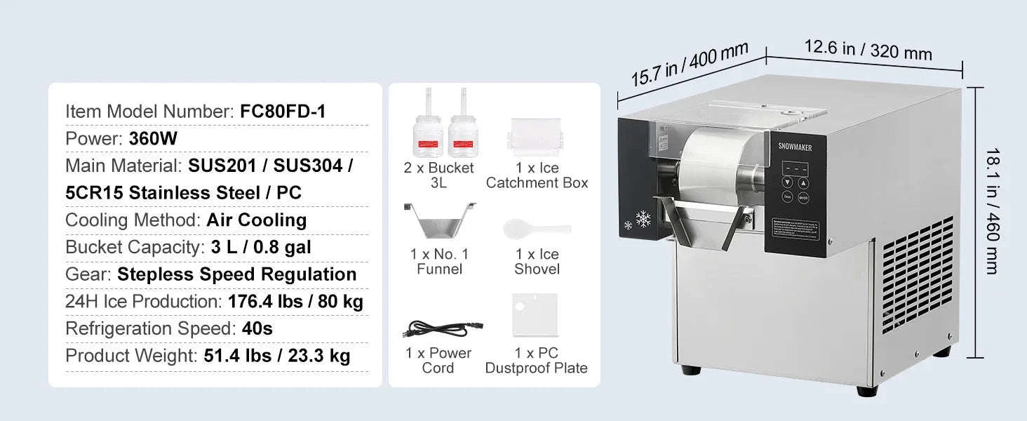 Commercial Snowflake Ice Machine Stainless Steel Air-Cooled System-360W / United States