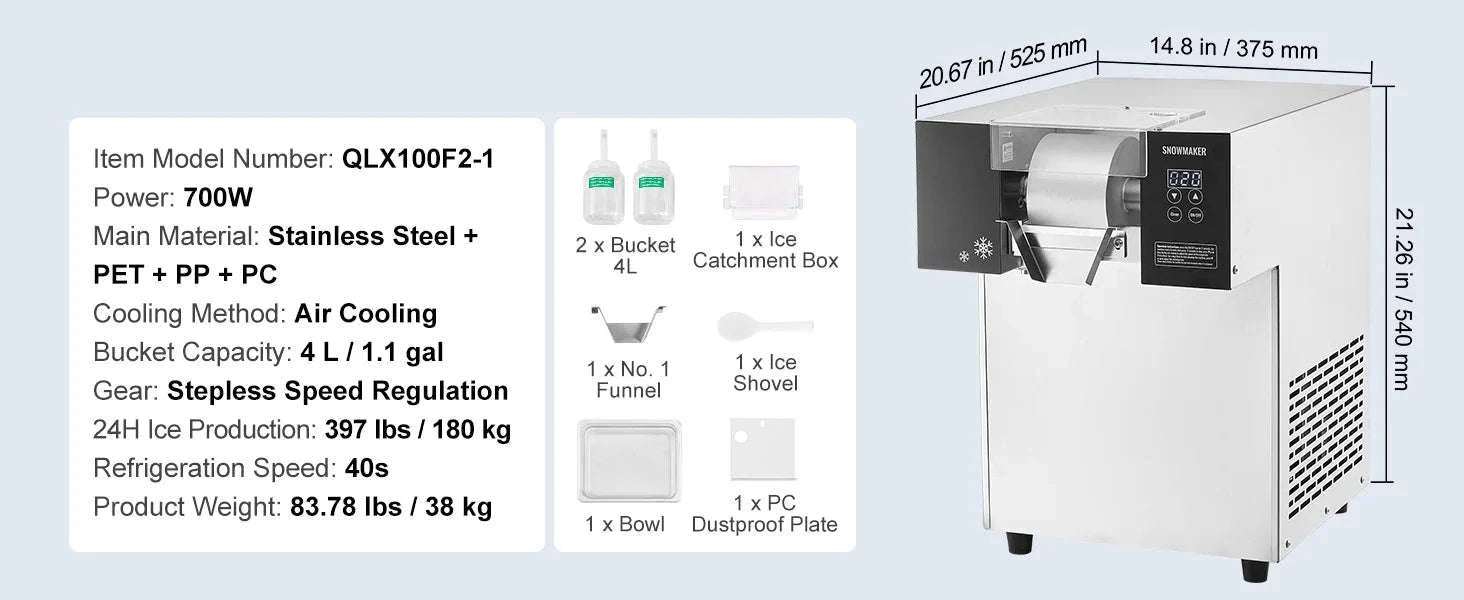 Commercial Snowflake Ice Machine Stainless Steel Air-Cooled System-360W / United States