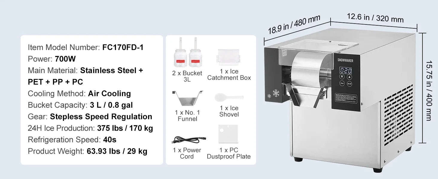 Commercial Snowflake Ice Machine Stainless Steel Air-Cooled System-360W / United States