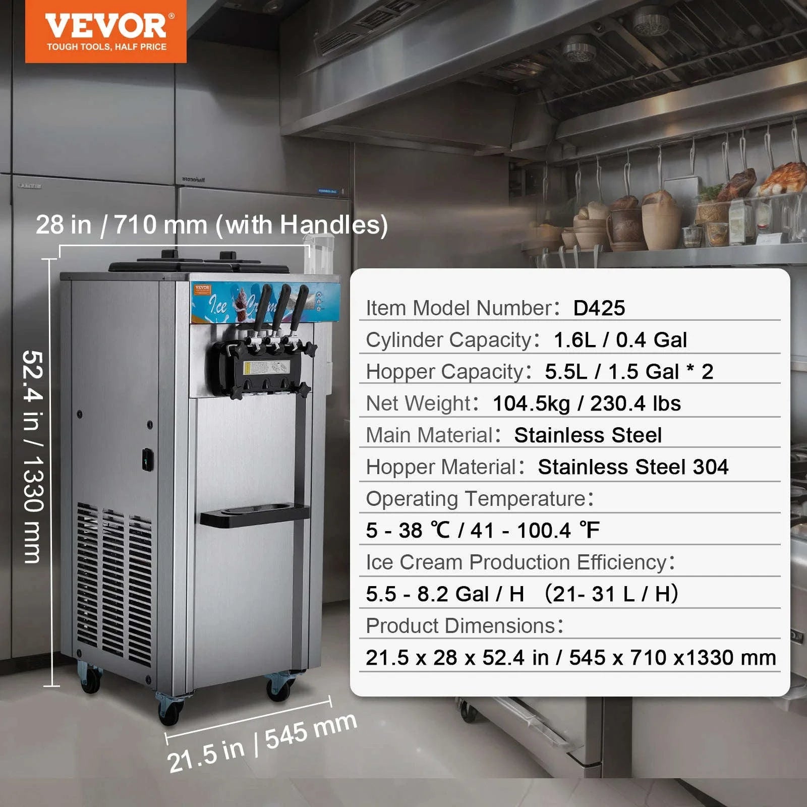 Commercial Soft Ice Cream Machine 3 Flavors Pre-Cooling LED Panel Single Cylinder Overnight Refrigeration-4.3Lx2 / United States