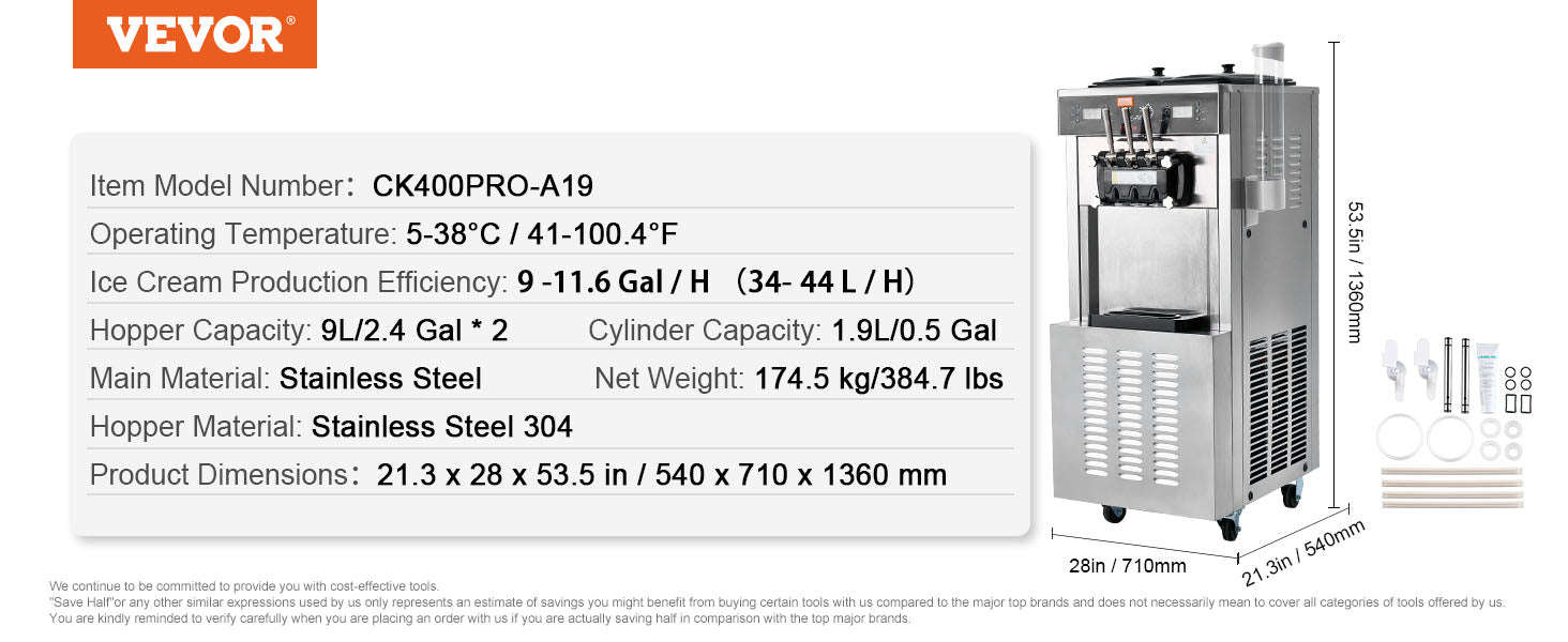 Commercial Soft Ice Cream Machine 3 Flavors Pre-Cooling LED Panel Single Cylinder Overnight Refrigeration-4.3Lx2 / United States