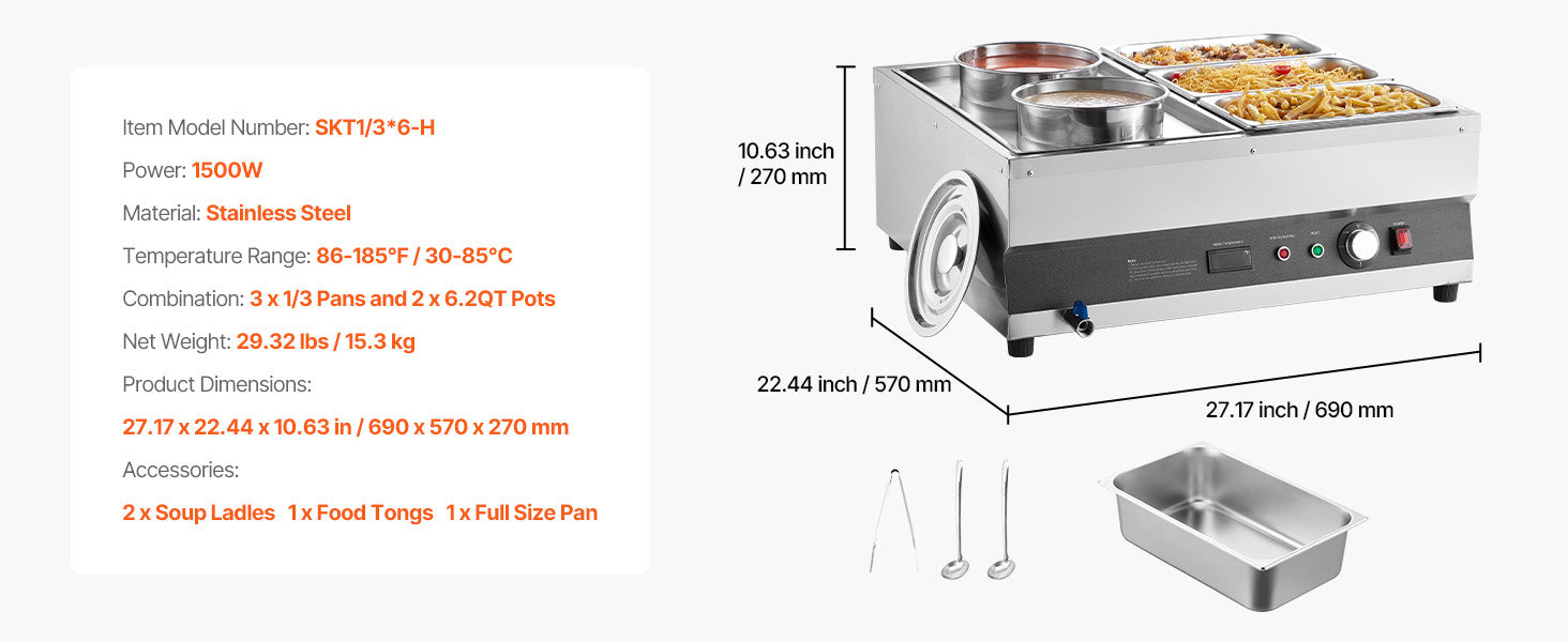 Electric Soup Warmer Bain Marie 1500W with Pots & Pans Set