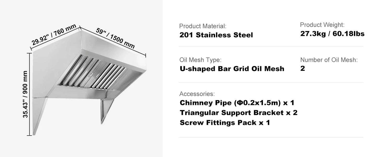 Commercial Stainless Steel Exhaust Hood Under Cabinet Range Hood-6FT 0.5HP / United States