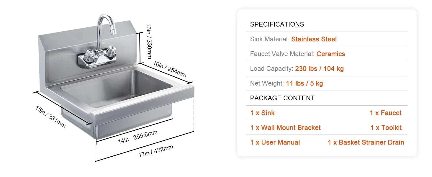 Commercial Stainless Steel Hand Sink with Faucet & Side Splash-No baffle / United States