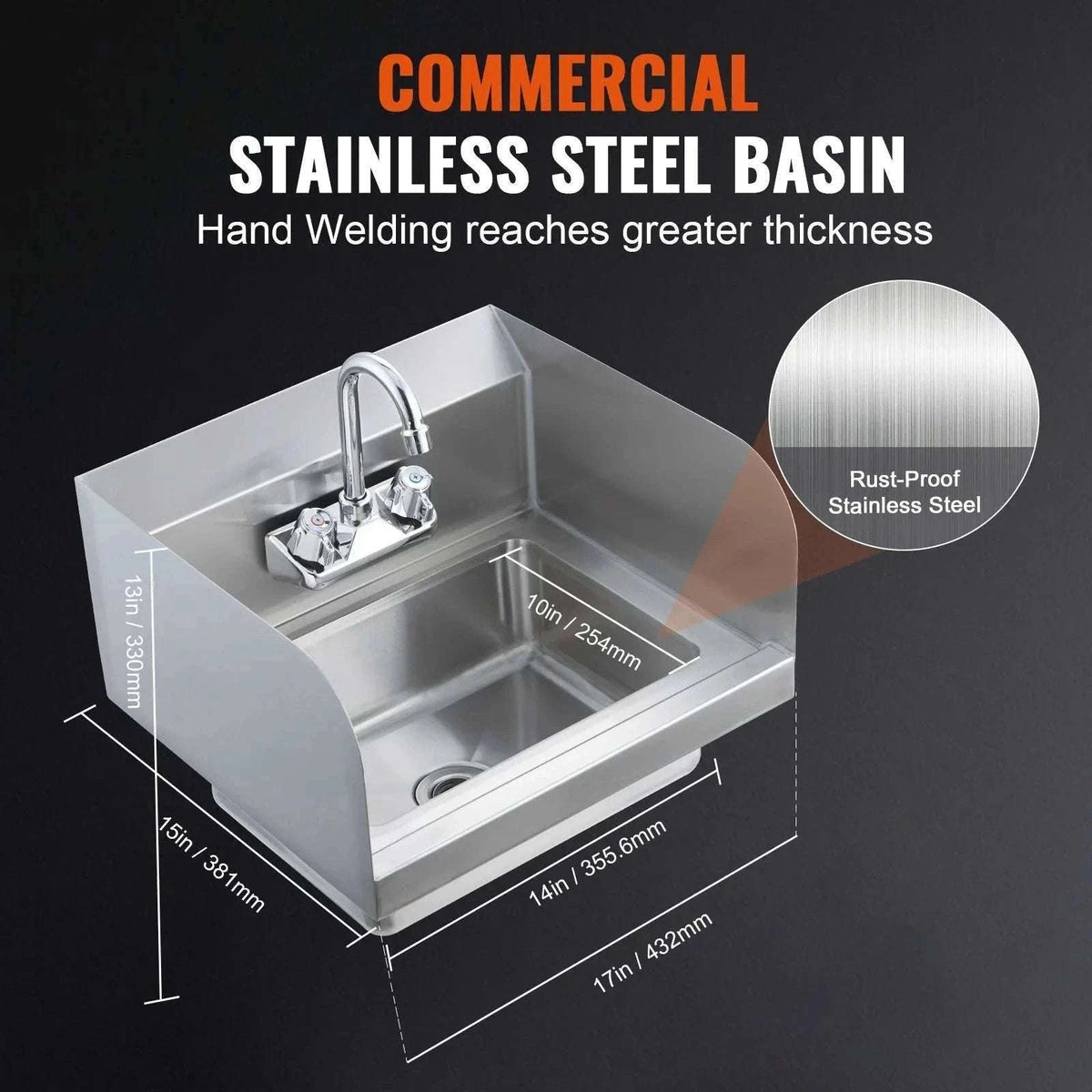 Commercial Stainless Steel Wall-Mount Hand Sink with Faucet-14x10inch / United States
