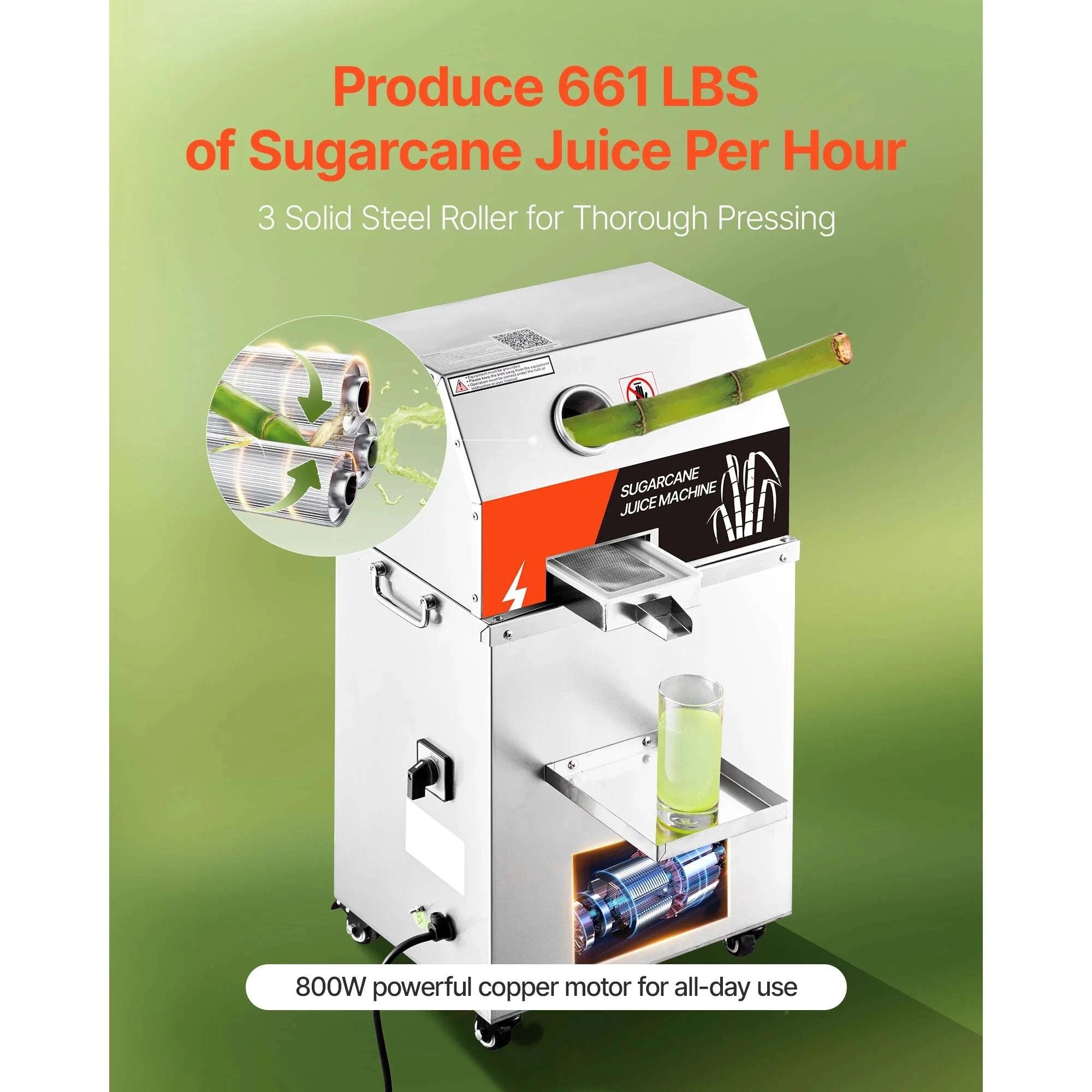 Commercial Sugar Cane Juicer 800W High Output 3-Roller Machine-661LBS per hour / United States