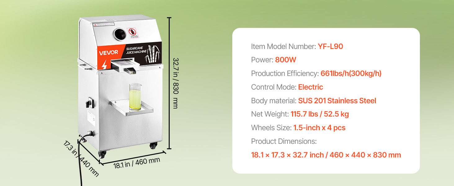 Commercial Sugar Cane Juicer 800W High Output 3-Roller Machine-661LBS per hour / United States